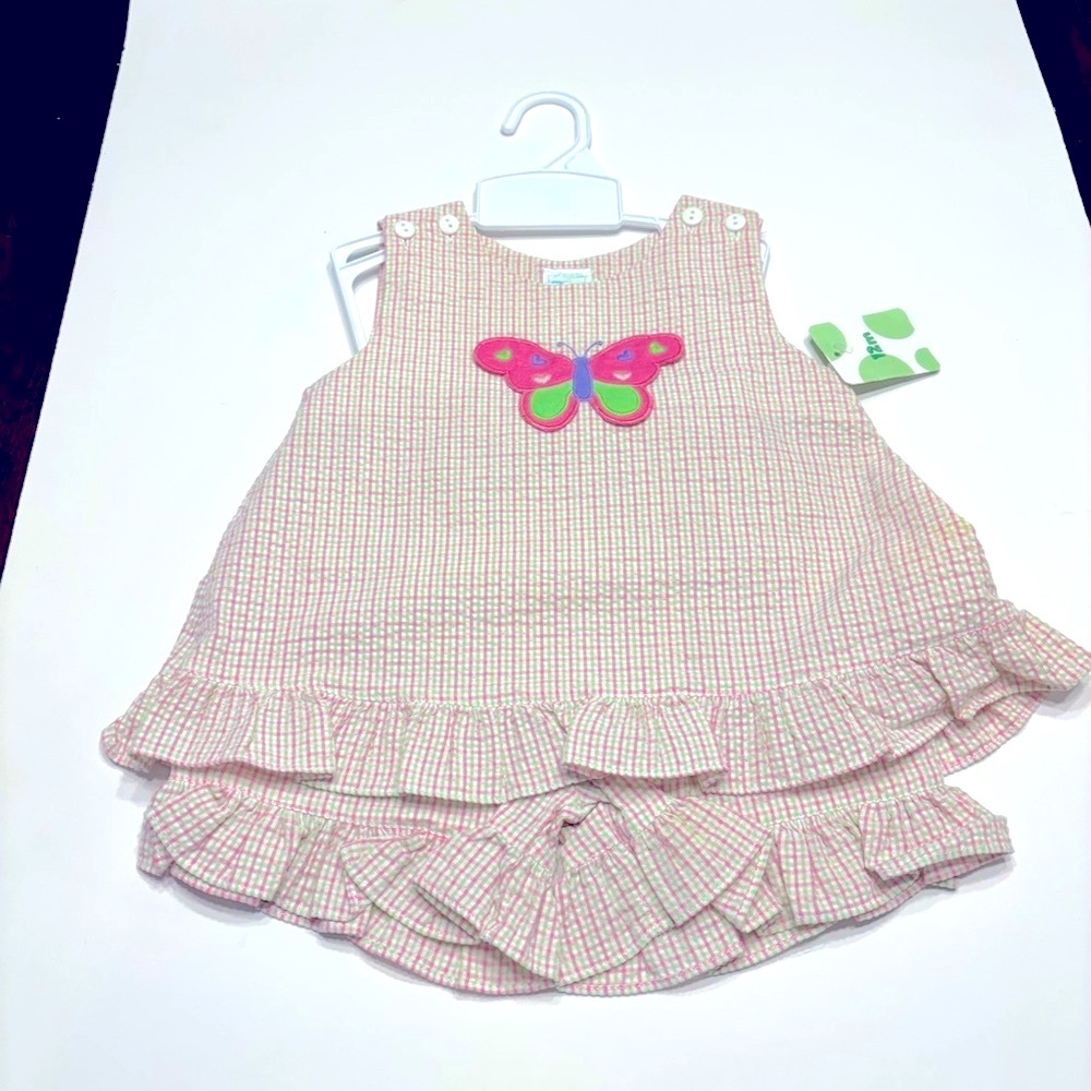 PETIT AMI ZU OUTFIT  GIRL 12 MONTHS 
PINK & GREEN SEERSUCKER W/BUTTERFLY